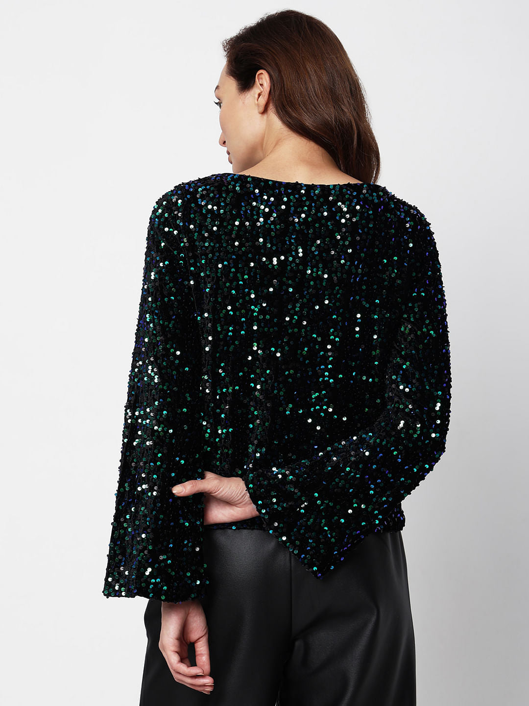 Black Sequinned Boat Neck Top