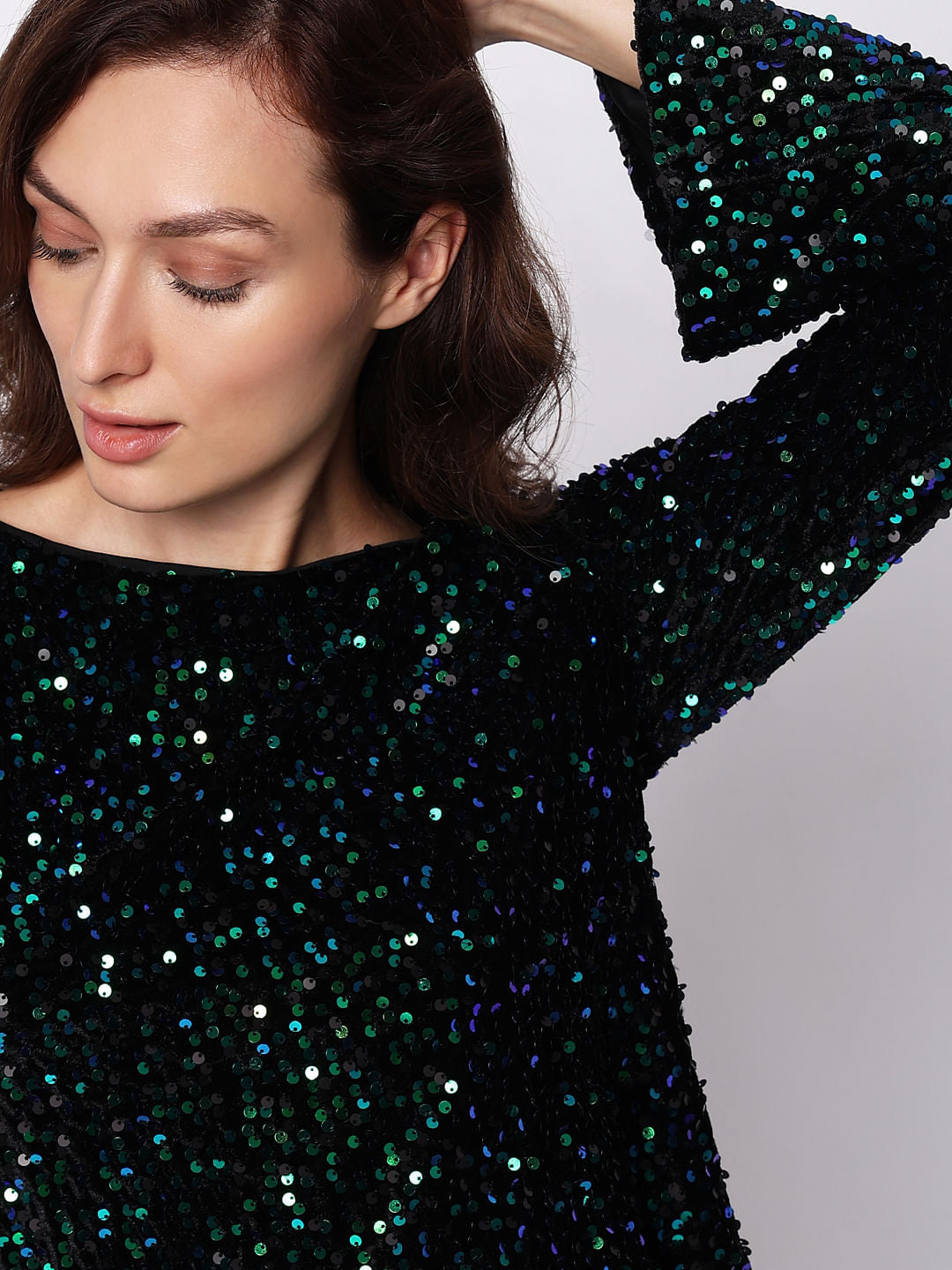 Black Sequinned Boat Neck Top