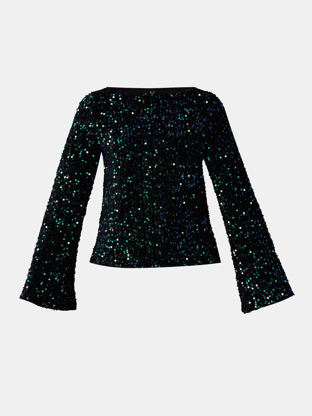 Black Sequinned Boat Neck Top