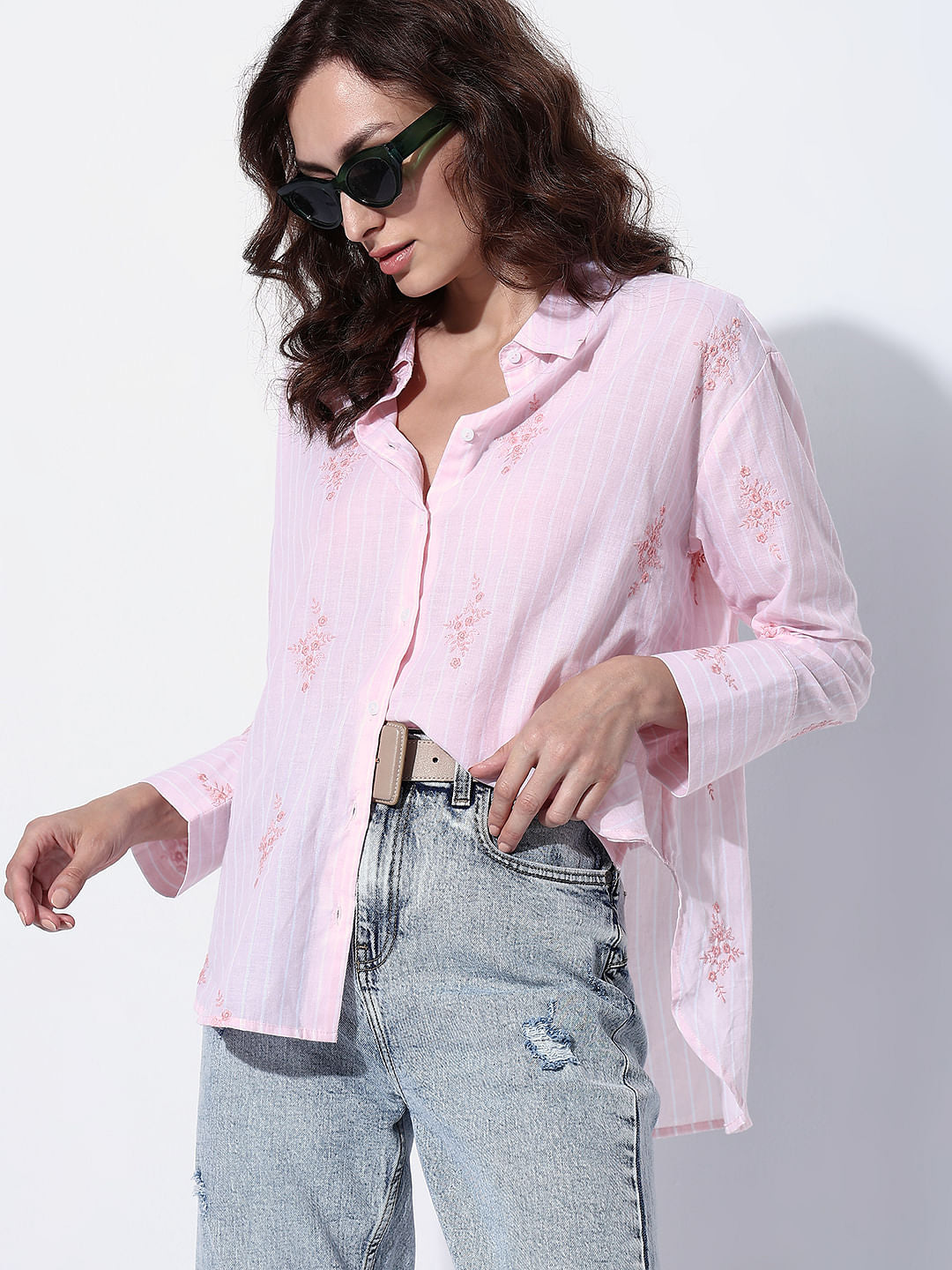Pink Striped Embroidered Shirt