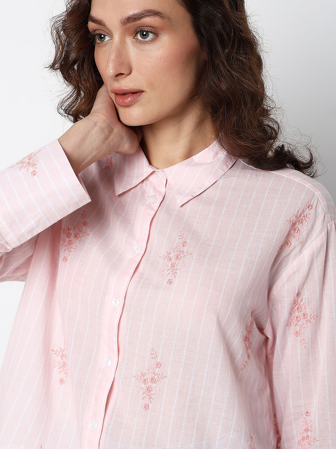 Pink Striped Embroidered Shirt