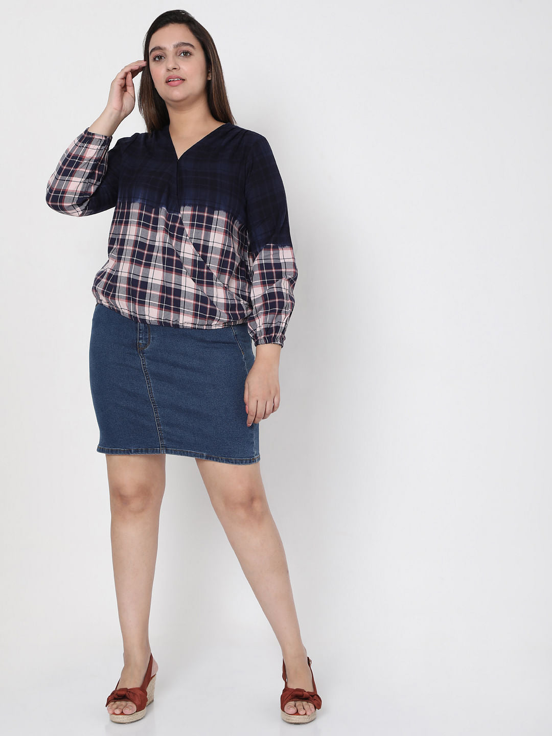 Curve Blue Washed Check Top
