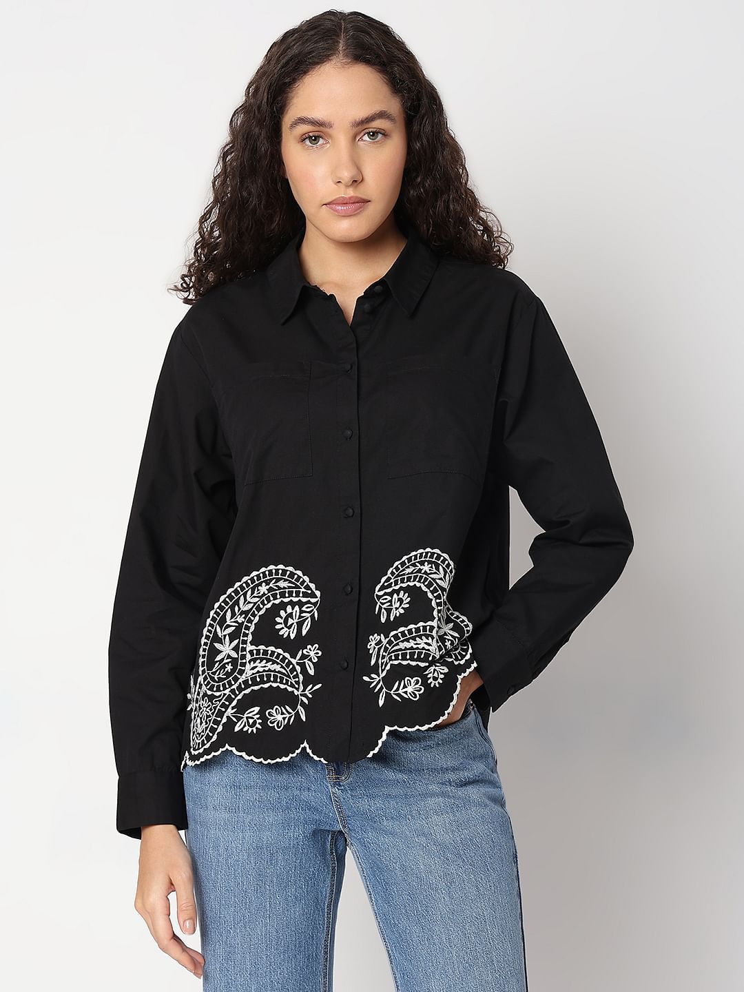 Black Contrast Embroidery Shirt
