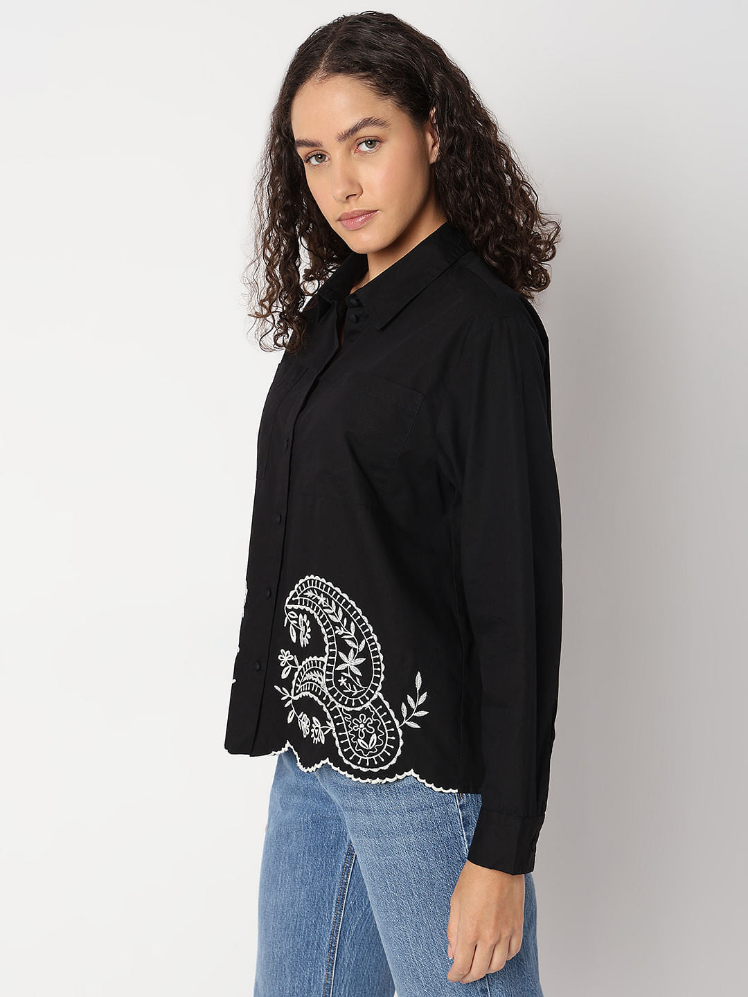 Black Contrast Embroidery Shirt