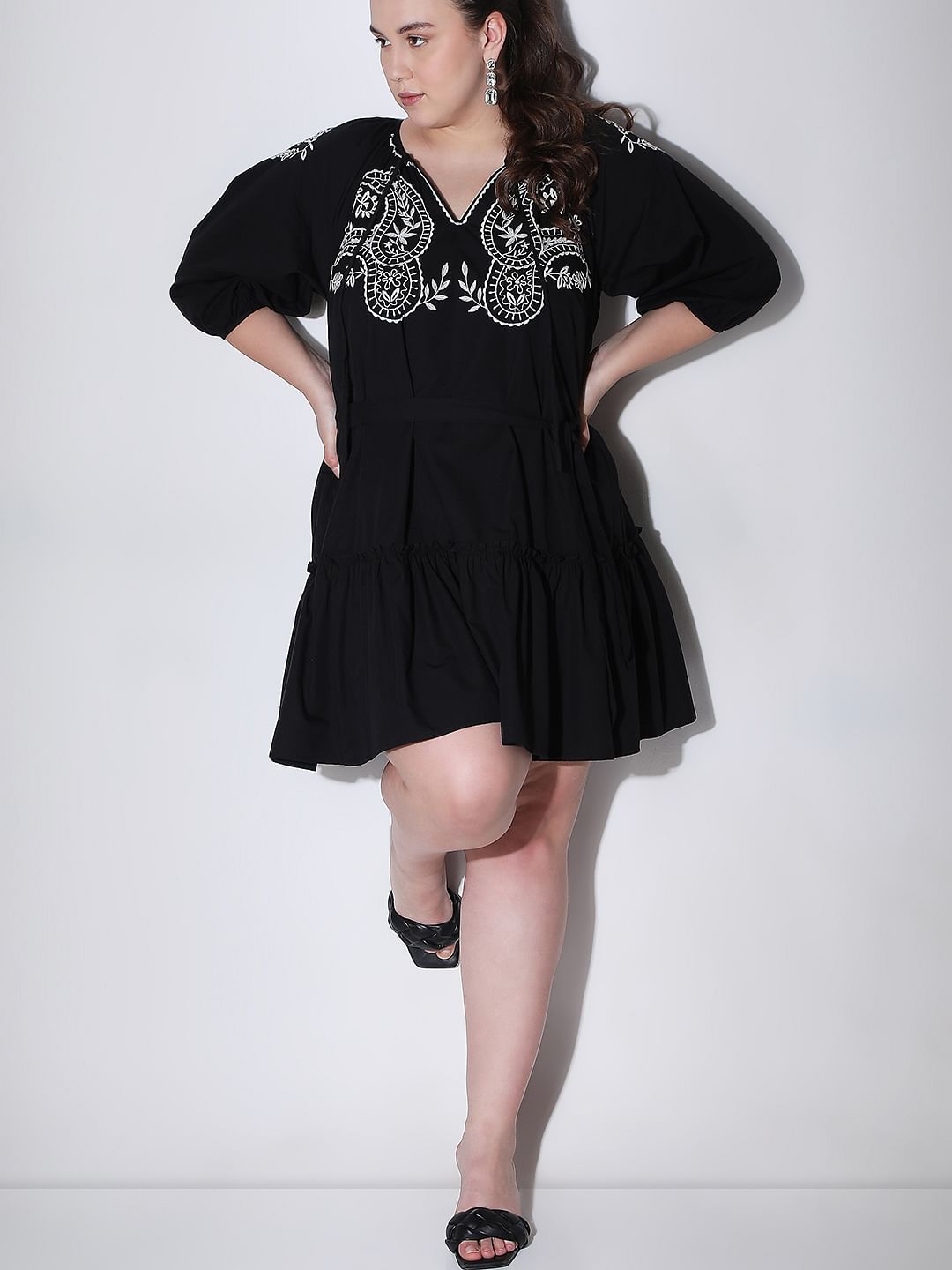 Curve Black Embroidered Shift Dress