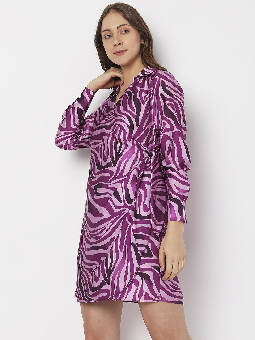 Purple Abstract Print Wrap Dress