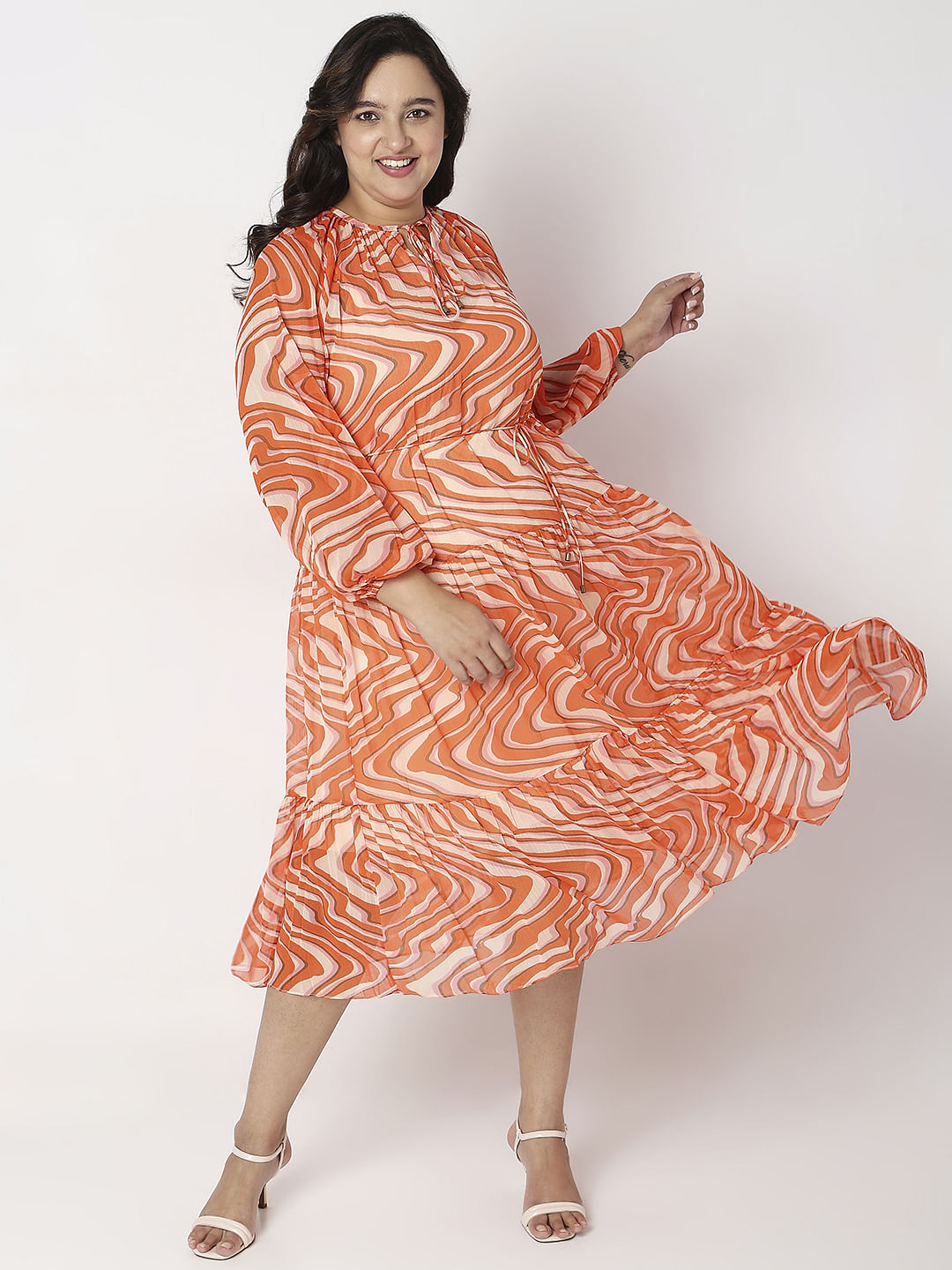 Curve Orange Abstract Print Shift Dress