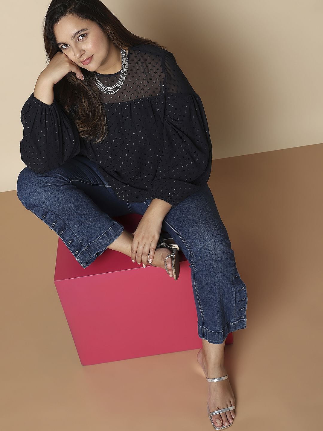 Curve Navy Blue Lurex Printed Top