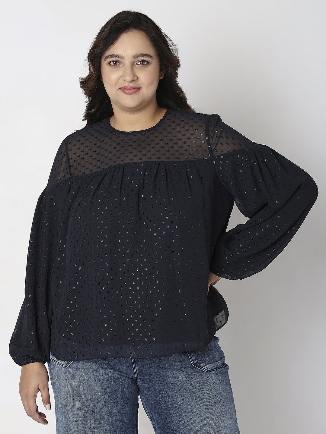 Curve Navy Blue Lurex Printed Top