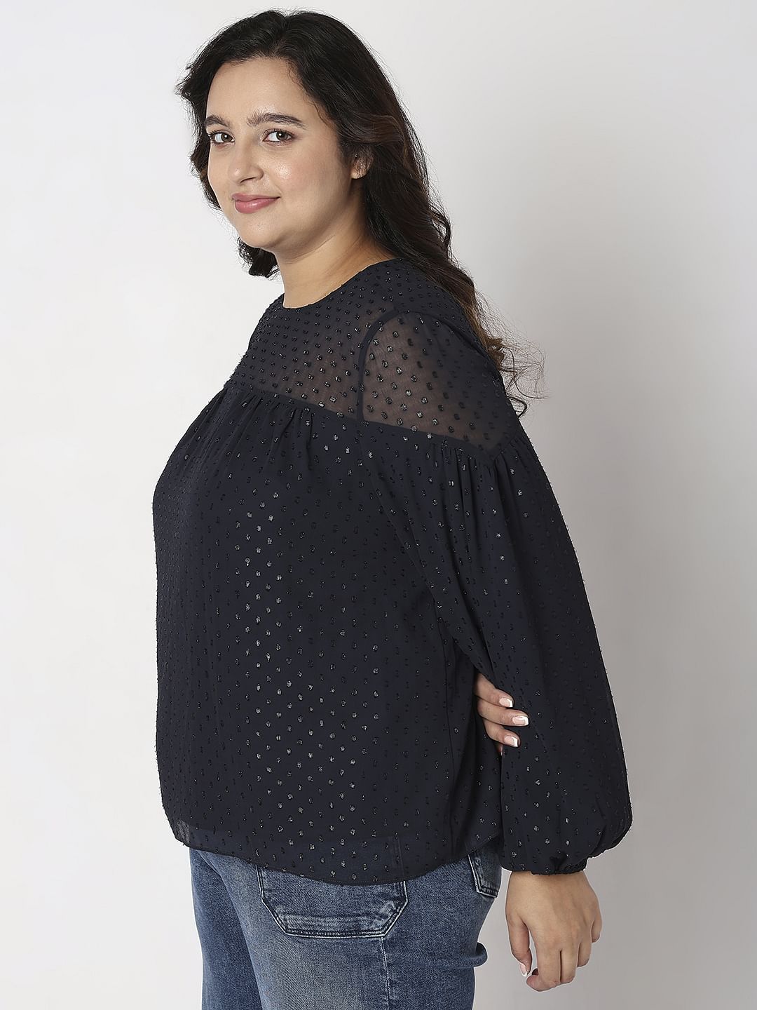 Curve Navy Blue Lurex Printed Top