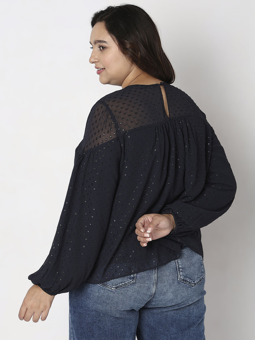 Curve Navy Blue Lurex Printed Top