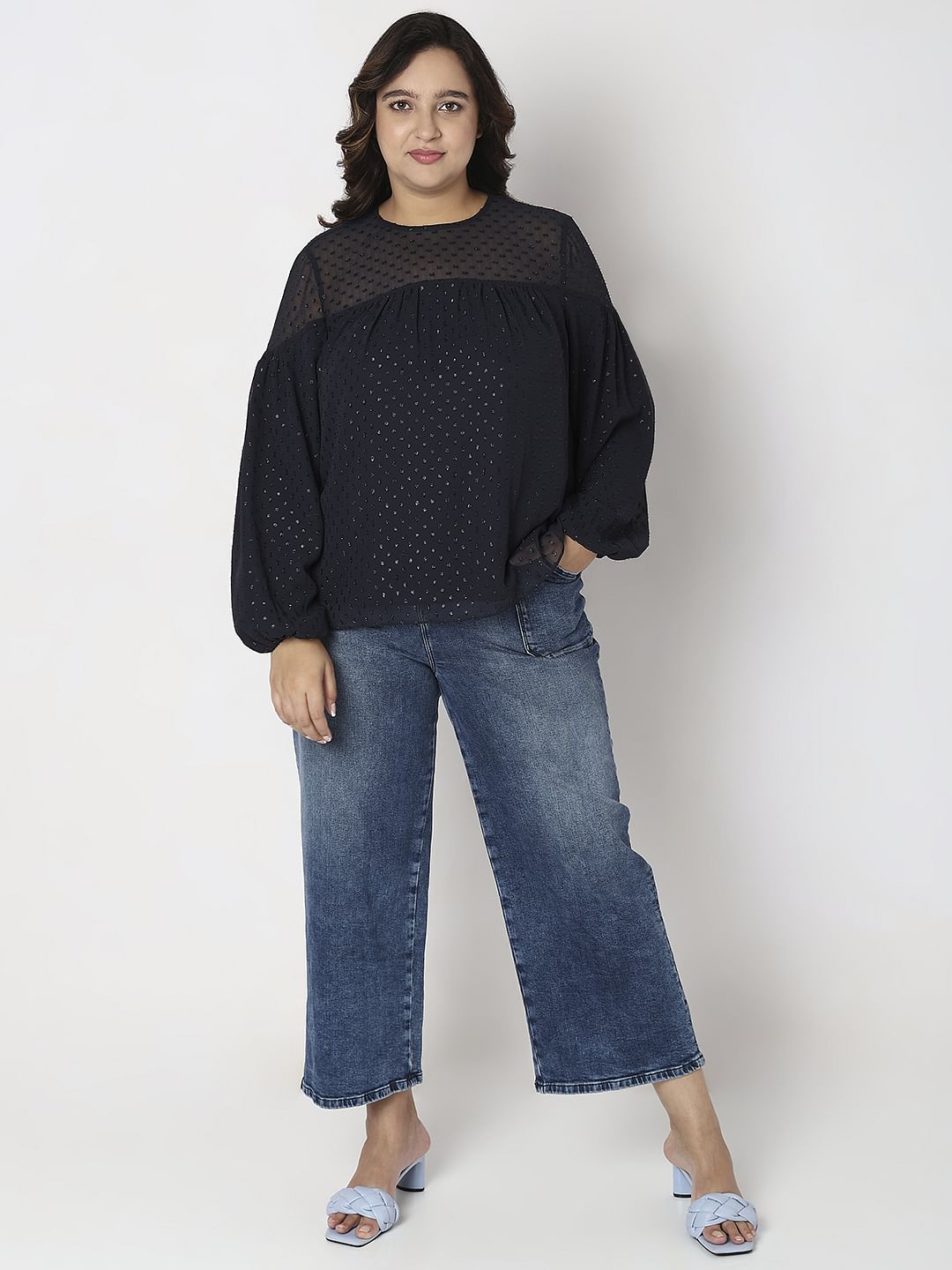 Curve Navy Blue Lurex Printed Top