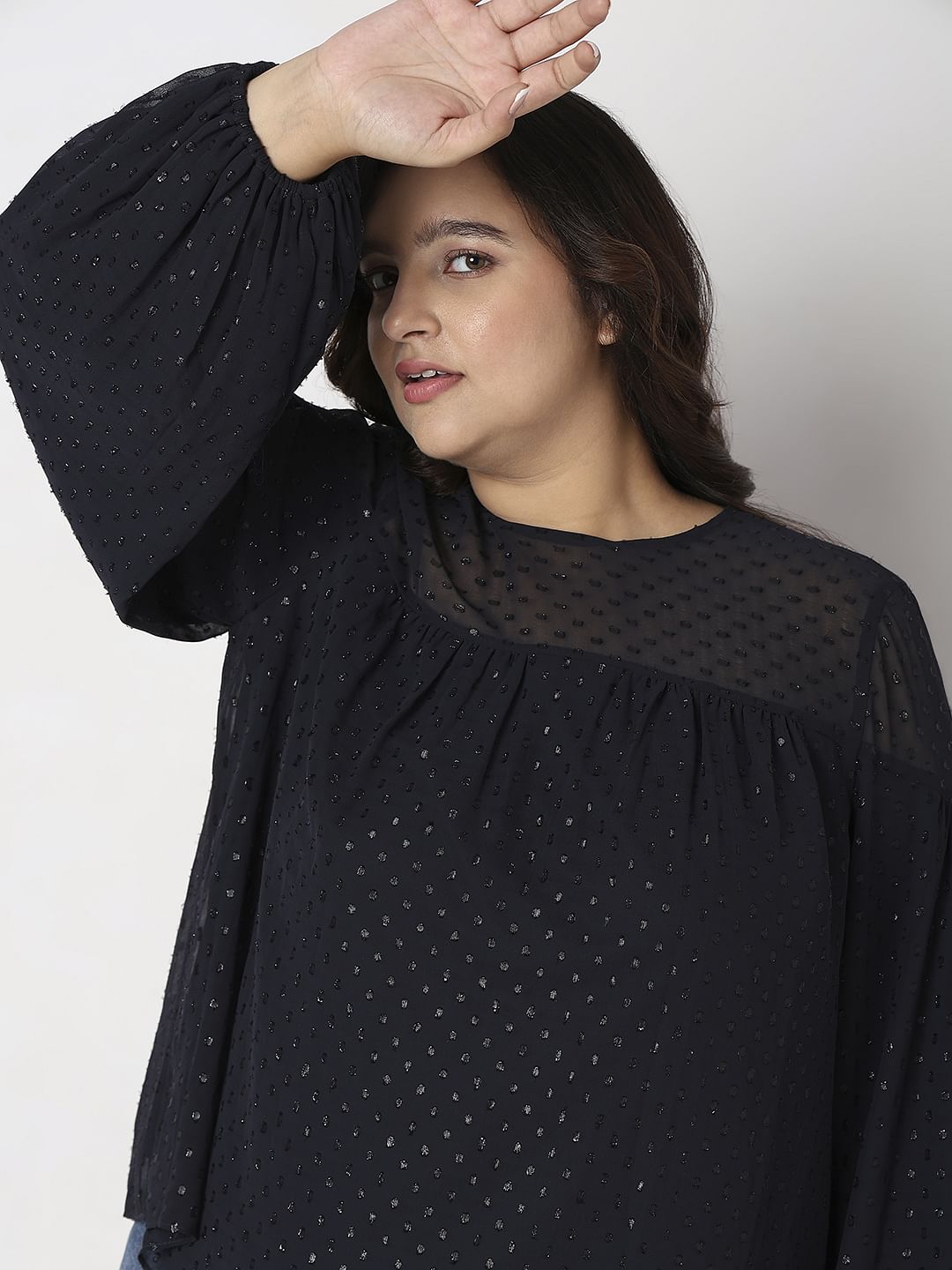 Curve Navy Blue Lurex Printed Top