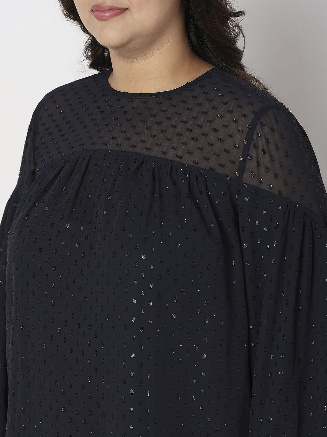 Curve Navy Blue Lurex Printed Top