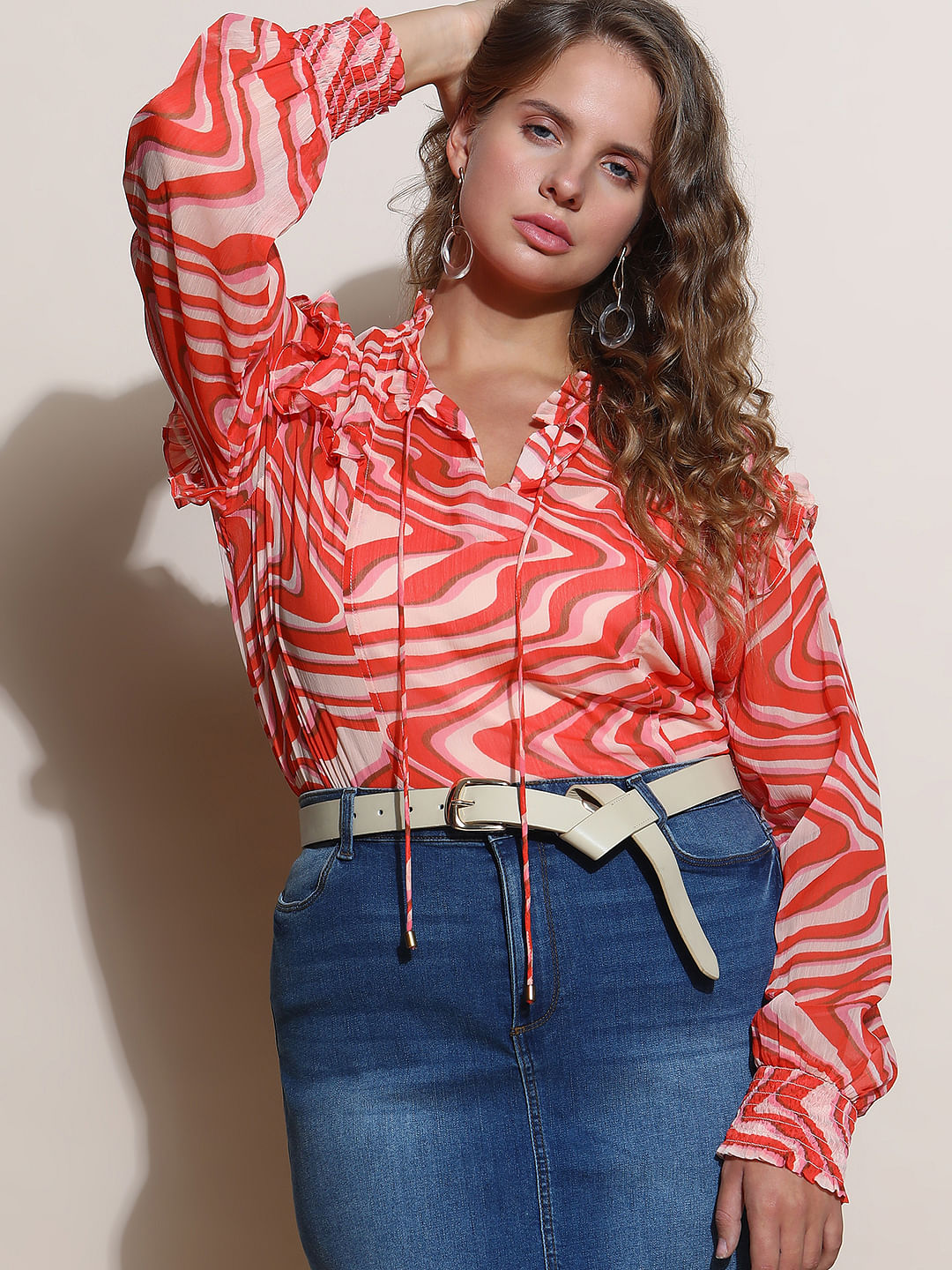 Curve Coral Swirl Print Top