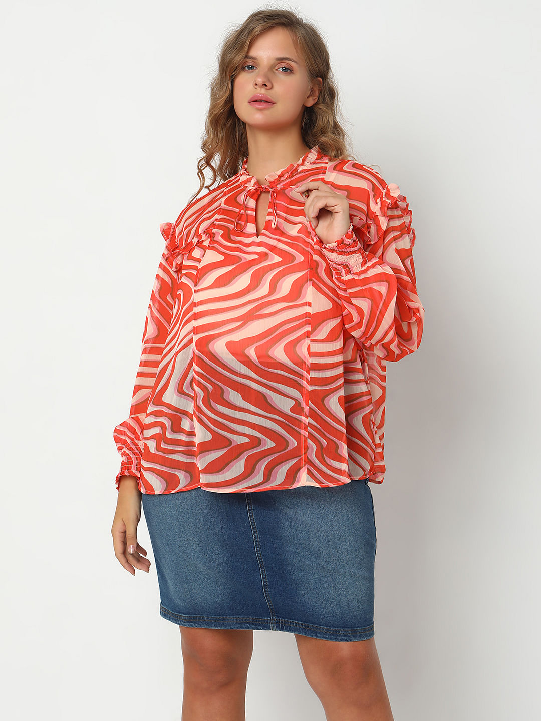 Curve Coral Swirl Print Top