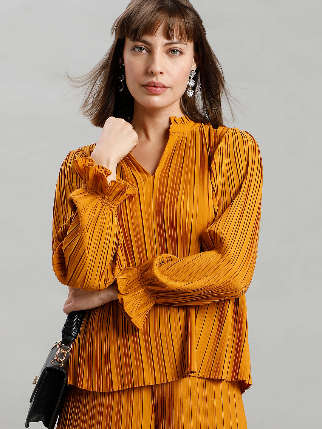 Orange Pleated Full Sleeves Top