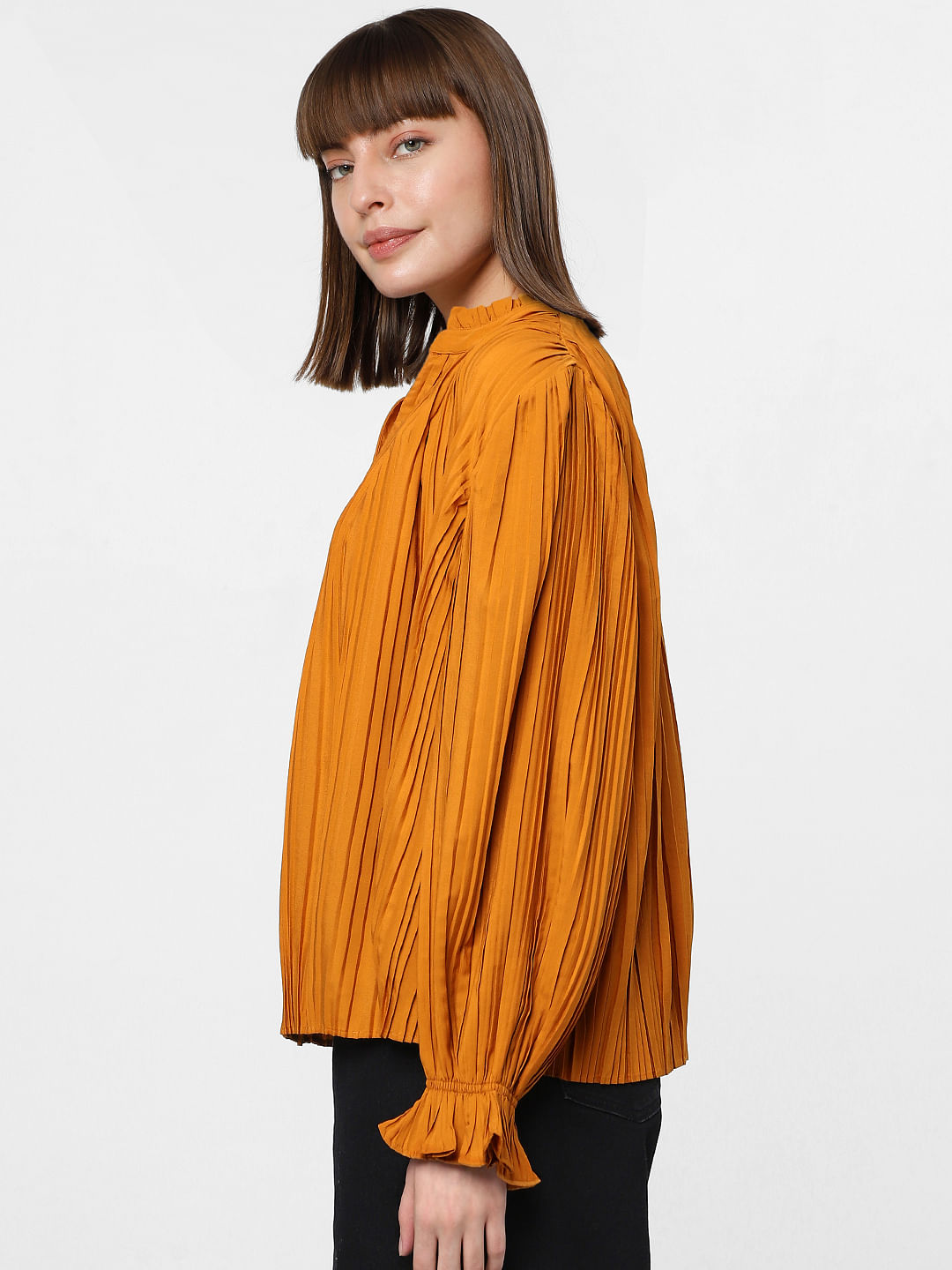 Orange Pleated Full Sleeves Top