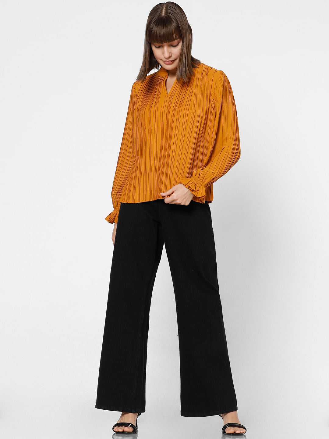 Orange Pleated Full Sleeves Top