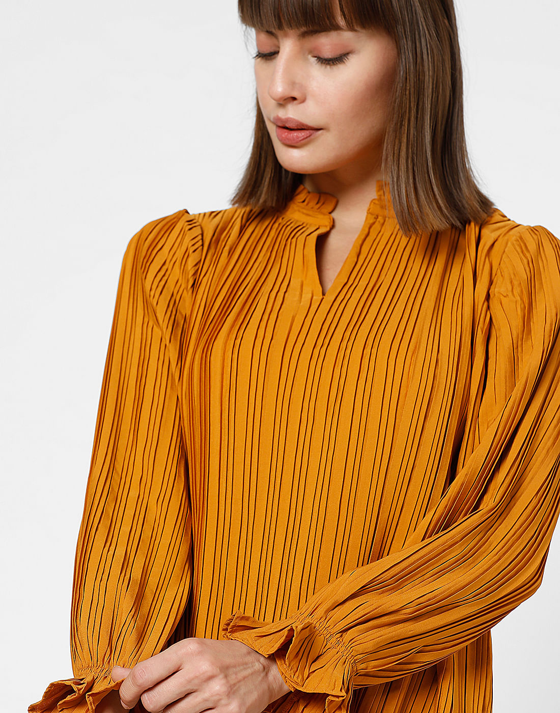 Orange Pleated Full Sleeves Top