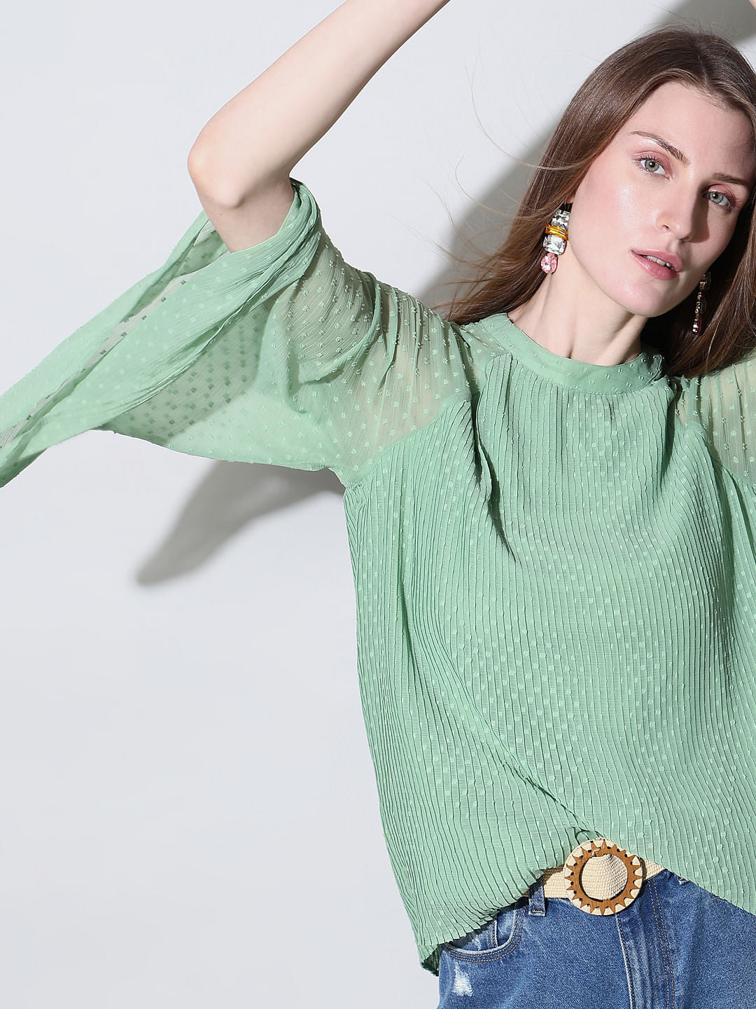 Green Dobby Plisse Top