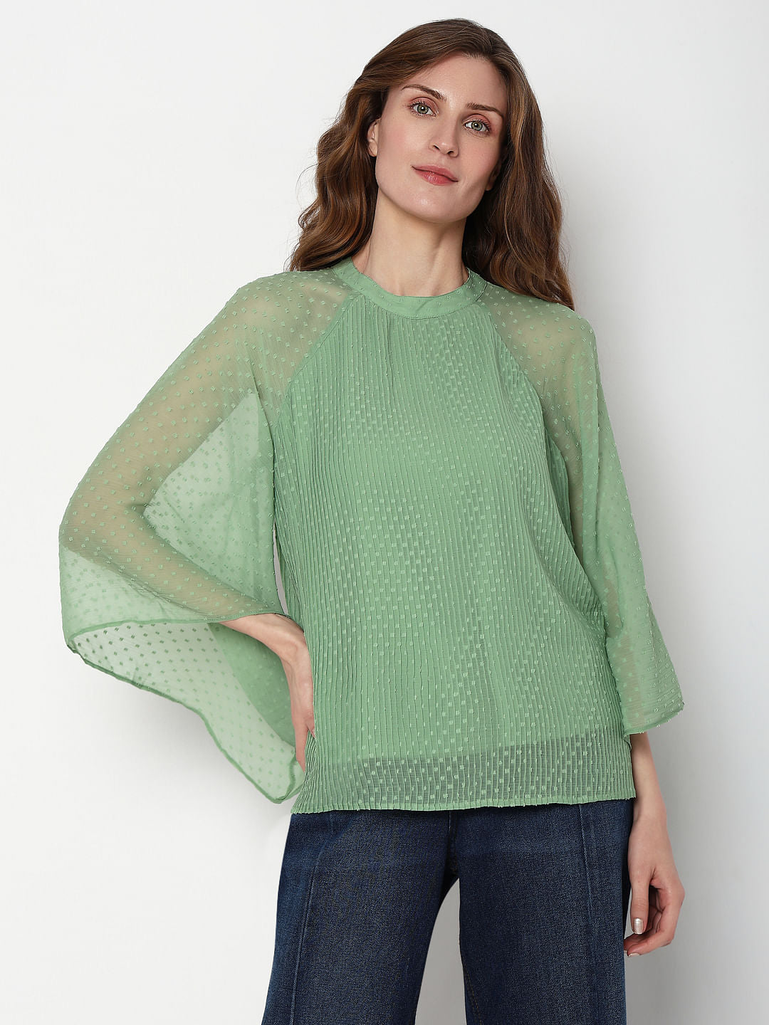 Green Dobby Plisse Top