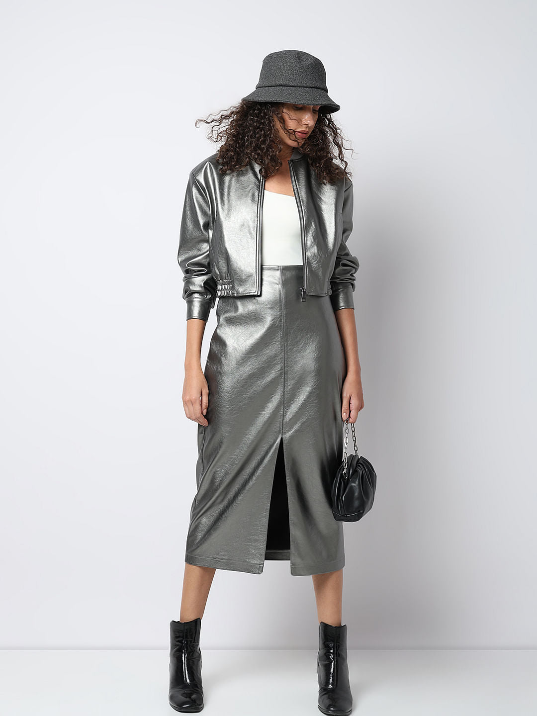 Silver Front Slit Midi Skirt