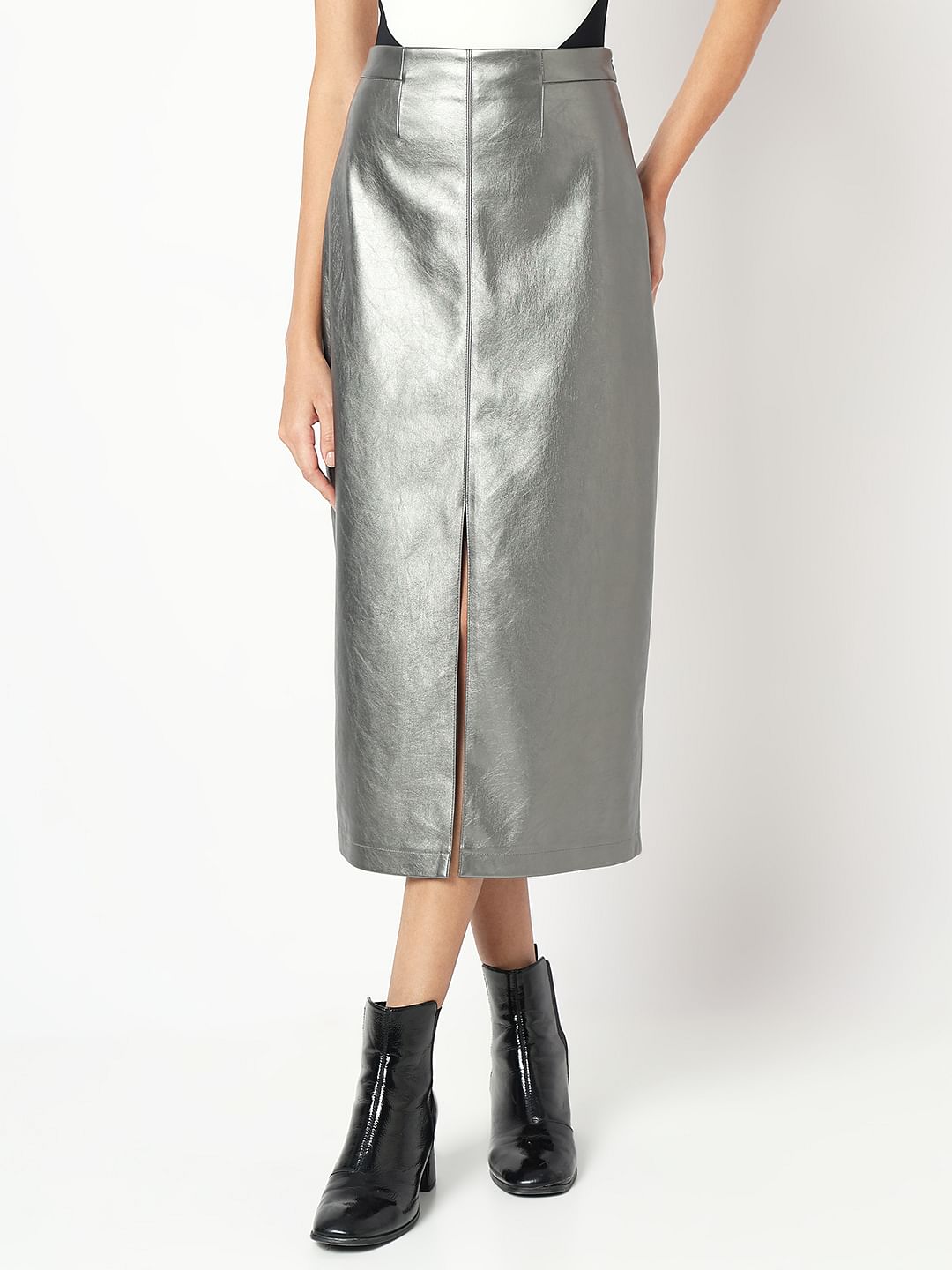 Silver Front Slit Midi Skirt