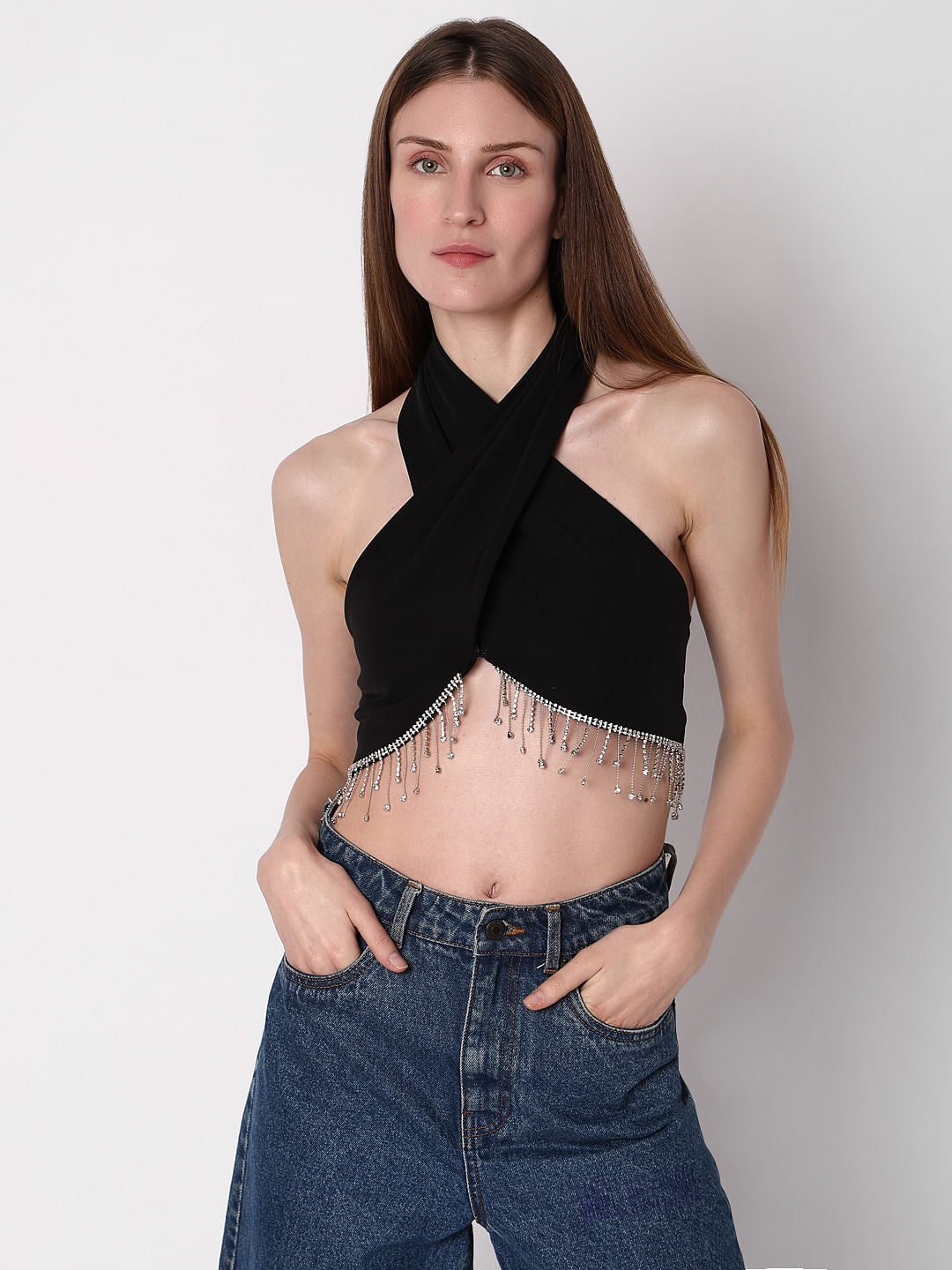 Black Jewelled Halter Neck Top