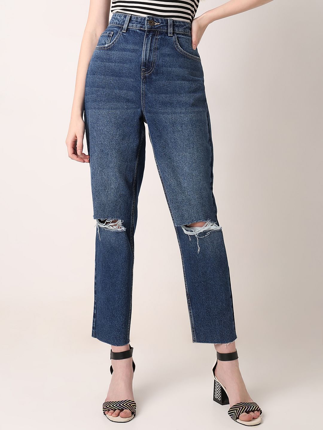 Dark Blue High Rise Ripped Jeans