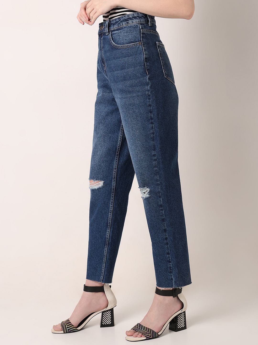 Dark Blue High Rise Ripped Jeans