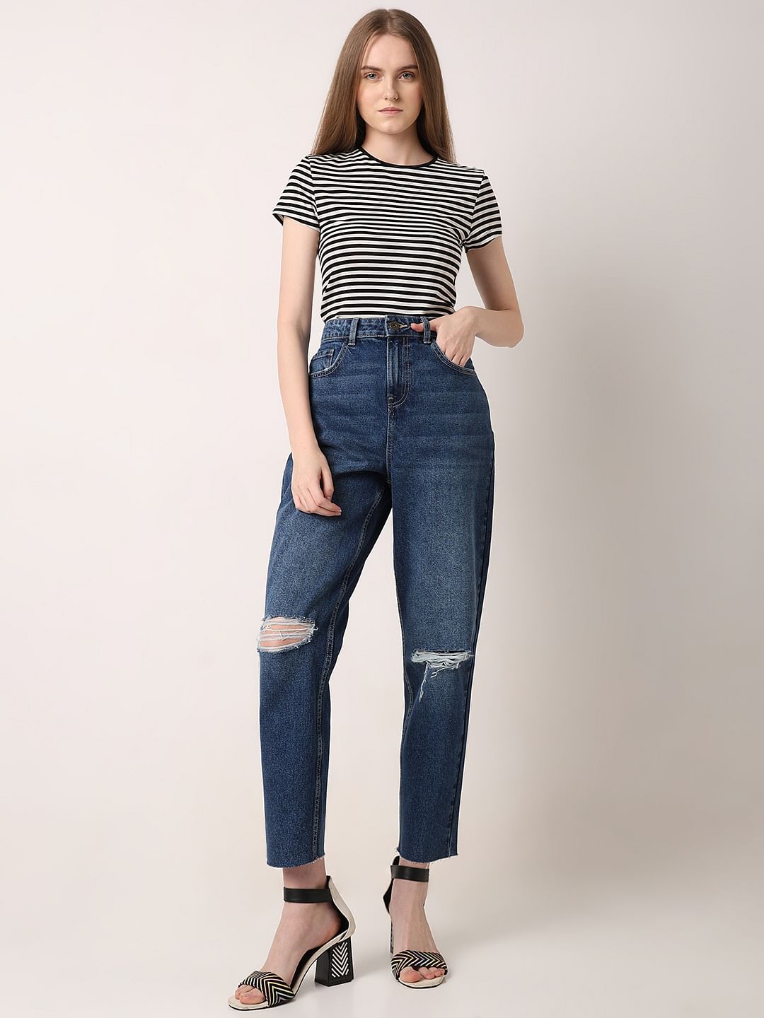 Dark Blue High Rise Ripped Jeans