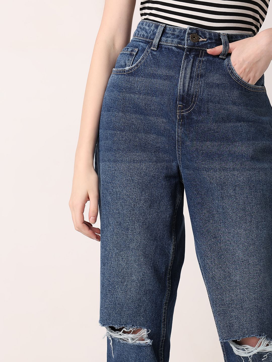 Dark Blue High Rise Ripped Jeans