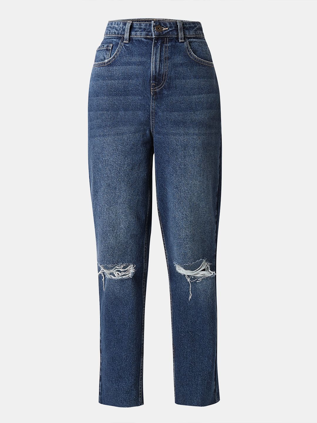 Dark Blue High Rise Ripped Jeans
