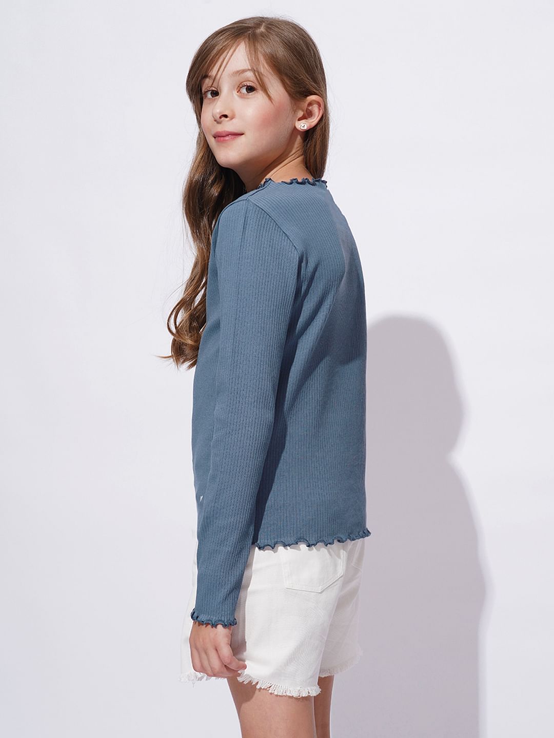 Girls Blue Lettuce Hem Embroidered Top