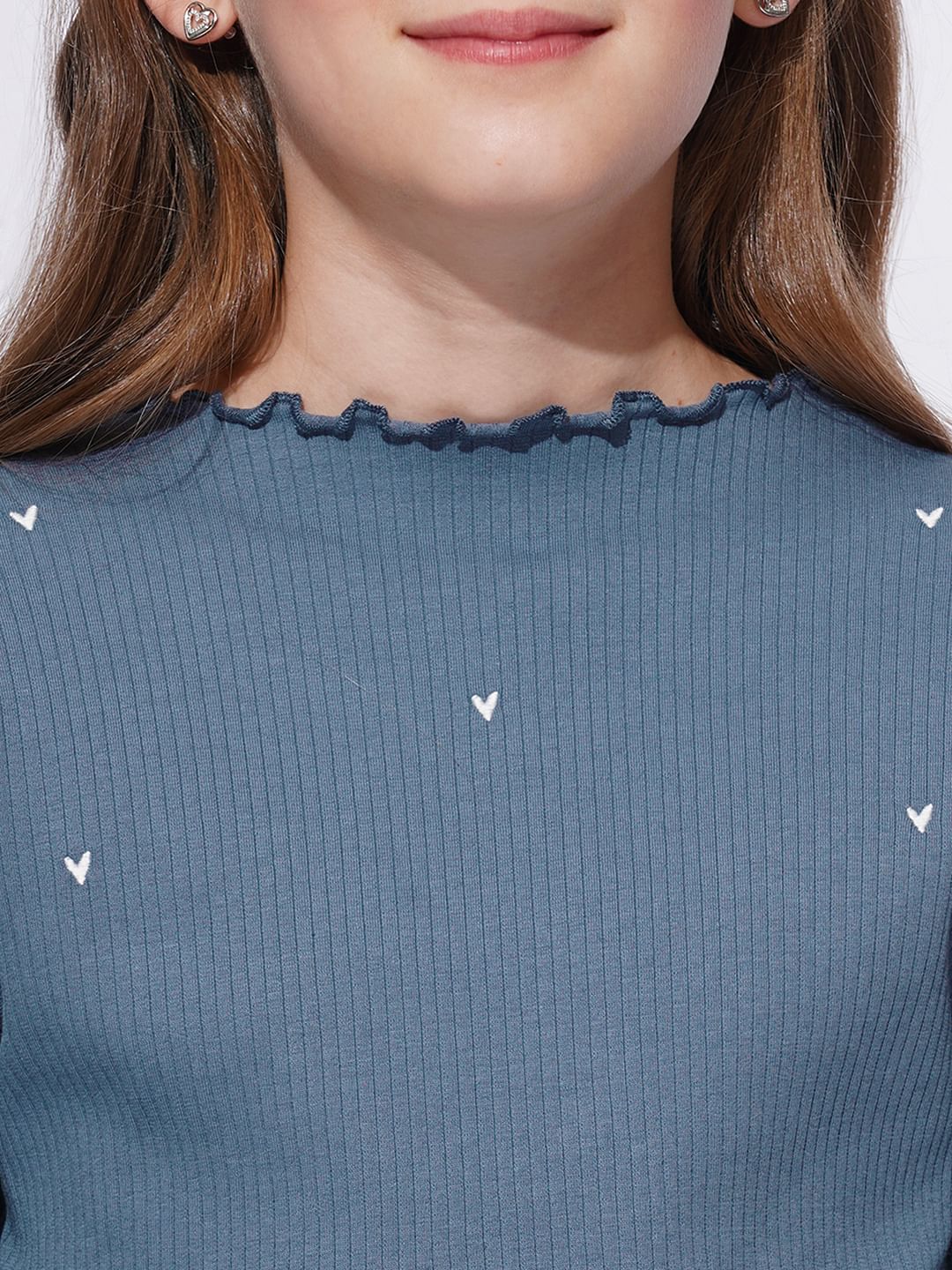 Girls Blue Lettuce Hem Embroidered Top