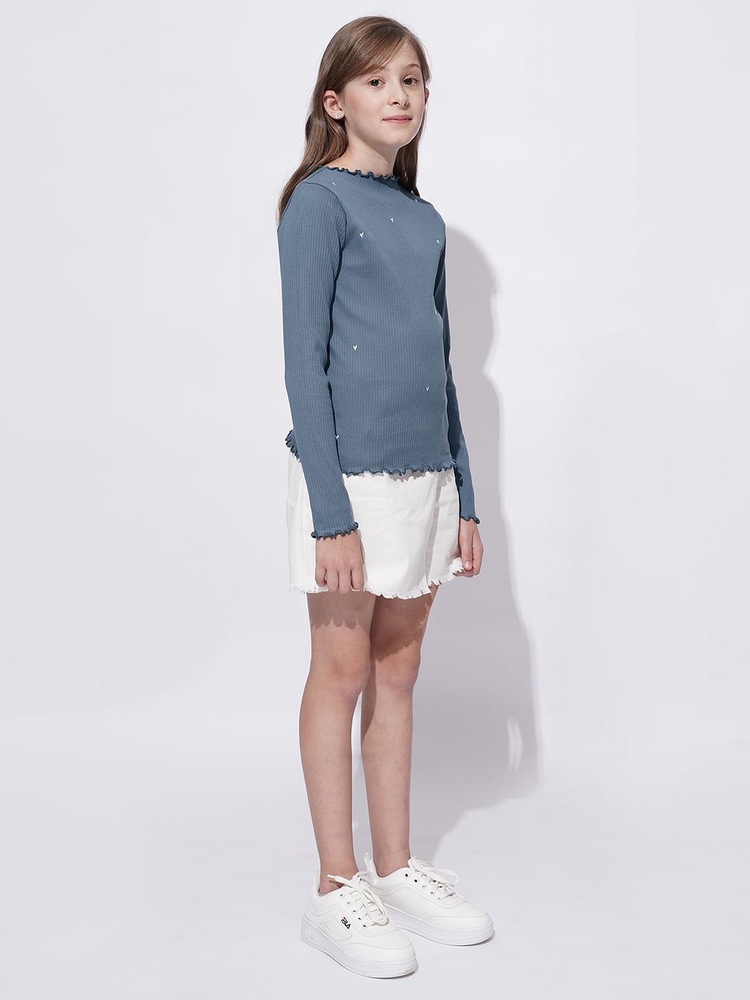 Girls Blue Lettuce Hem Embroidered Top