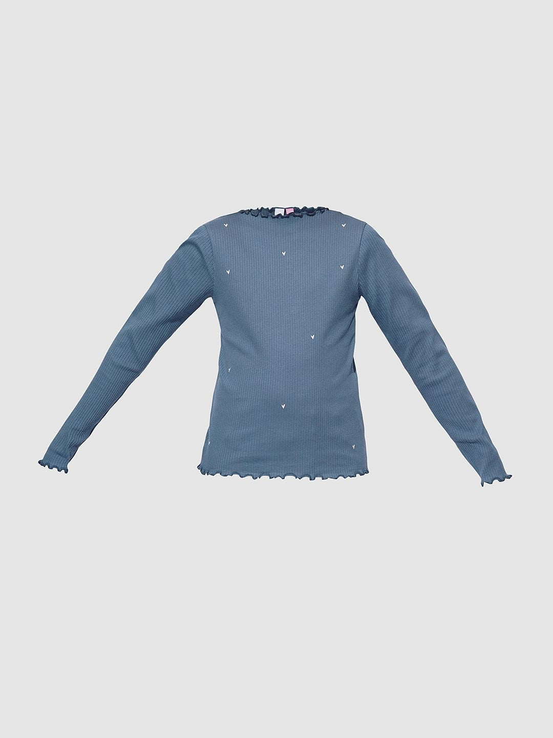 Girls Blue Lettuce Hem Embroidered Top