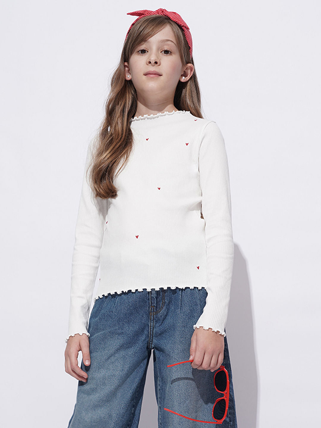Girls White Lettuce Hem Embroidered Top