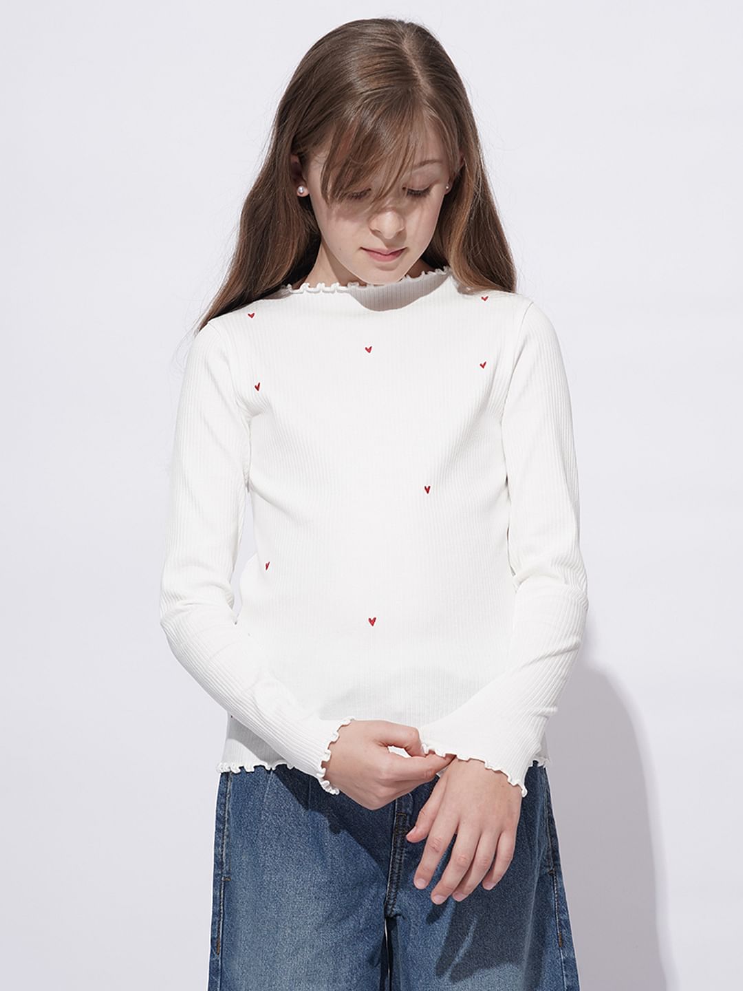 Girls White Lettuce Hem Embroidered Top