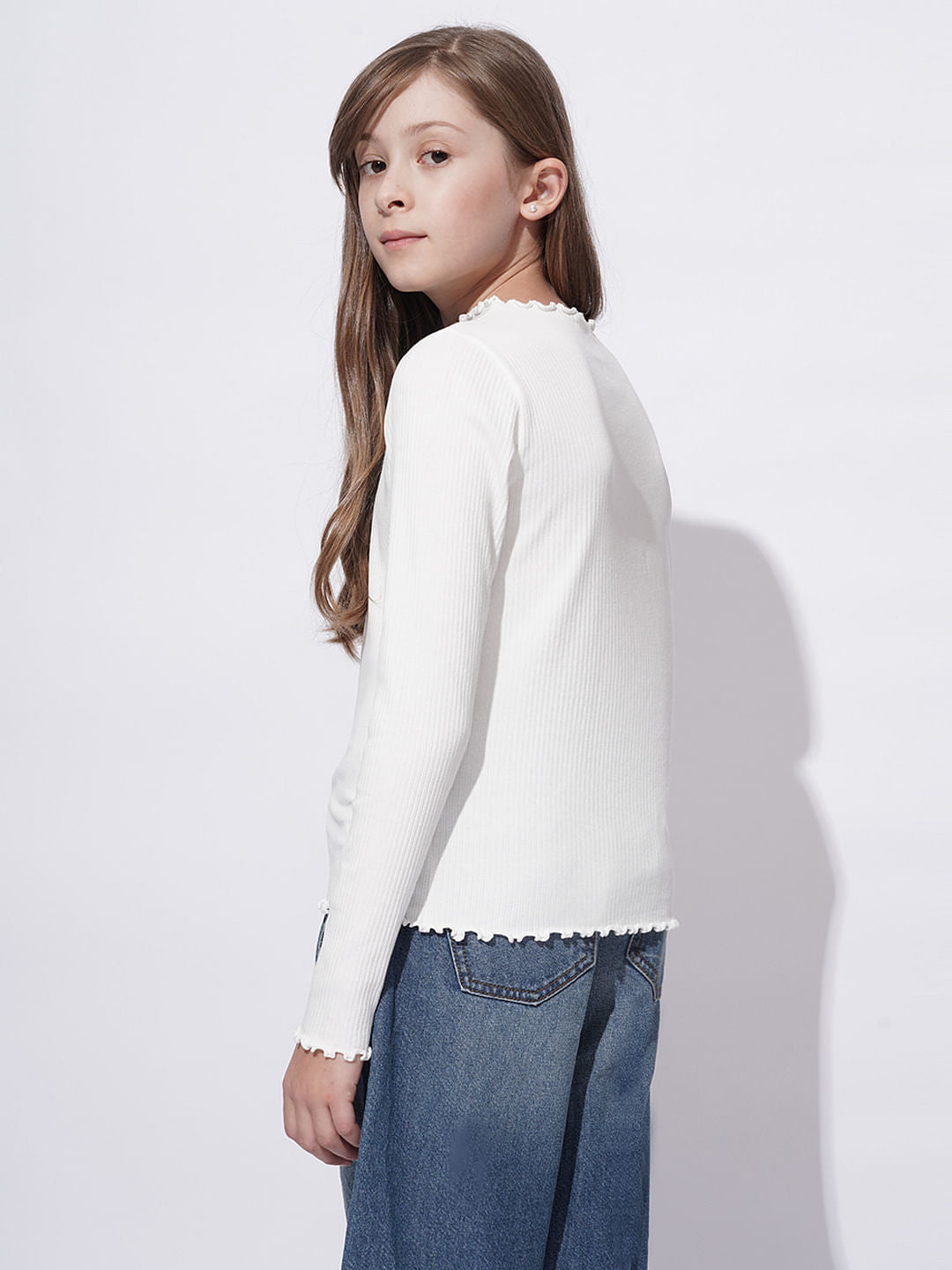 Girls White Lettuce Hem Embroidered Top