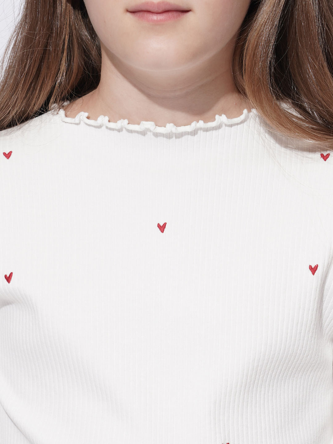 Girls White Lettuce Hem Embroidered Top