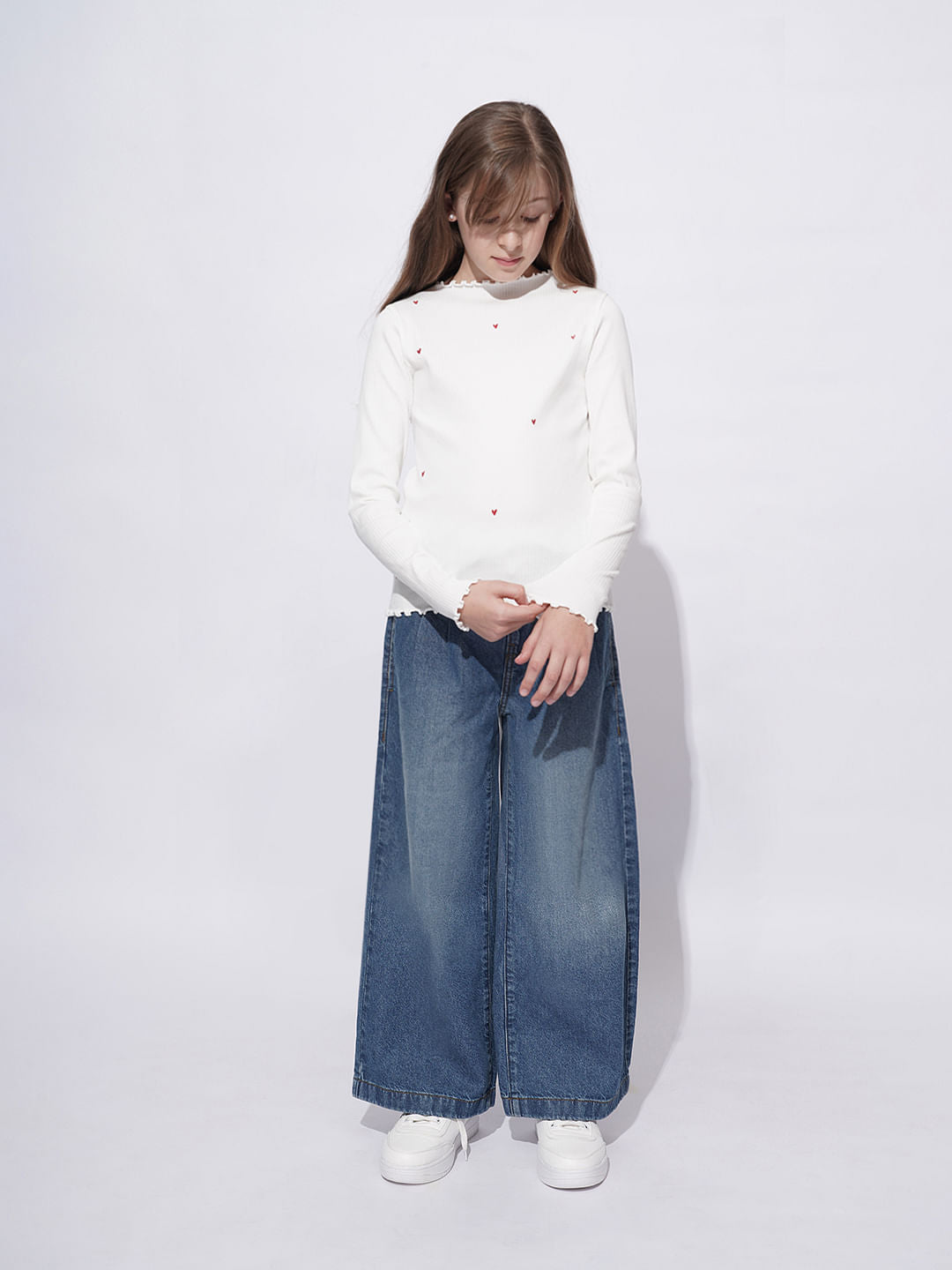 Girls White Lettuce Hem Embroidered Top