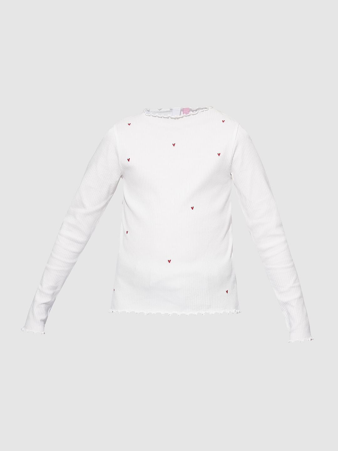 Girls White Lettuce Hem Embroidered Top