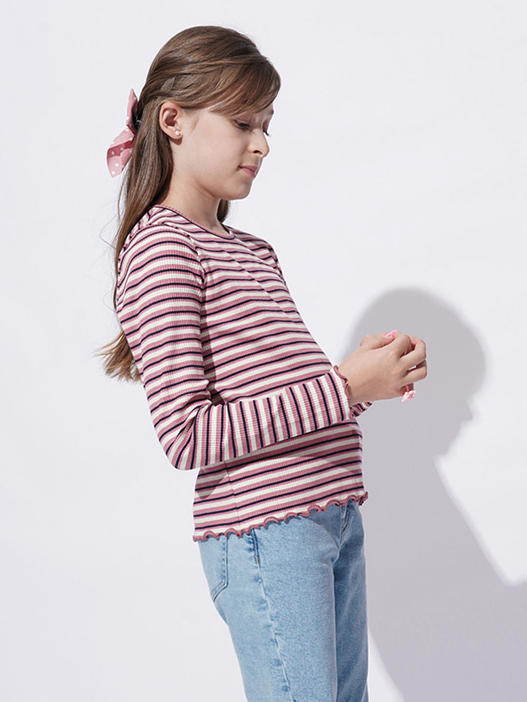 Girls Pink Striped Lettuce Hem Top