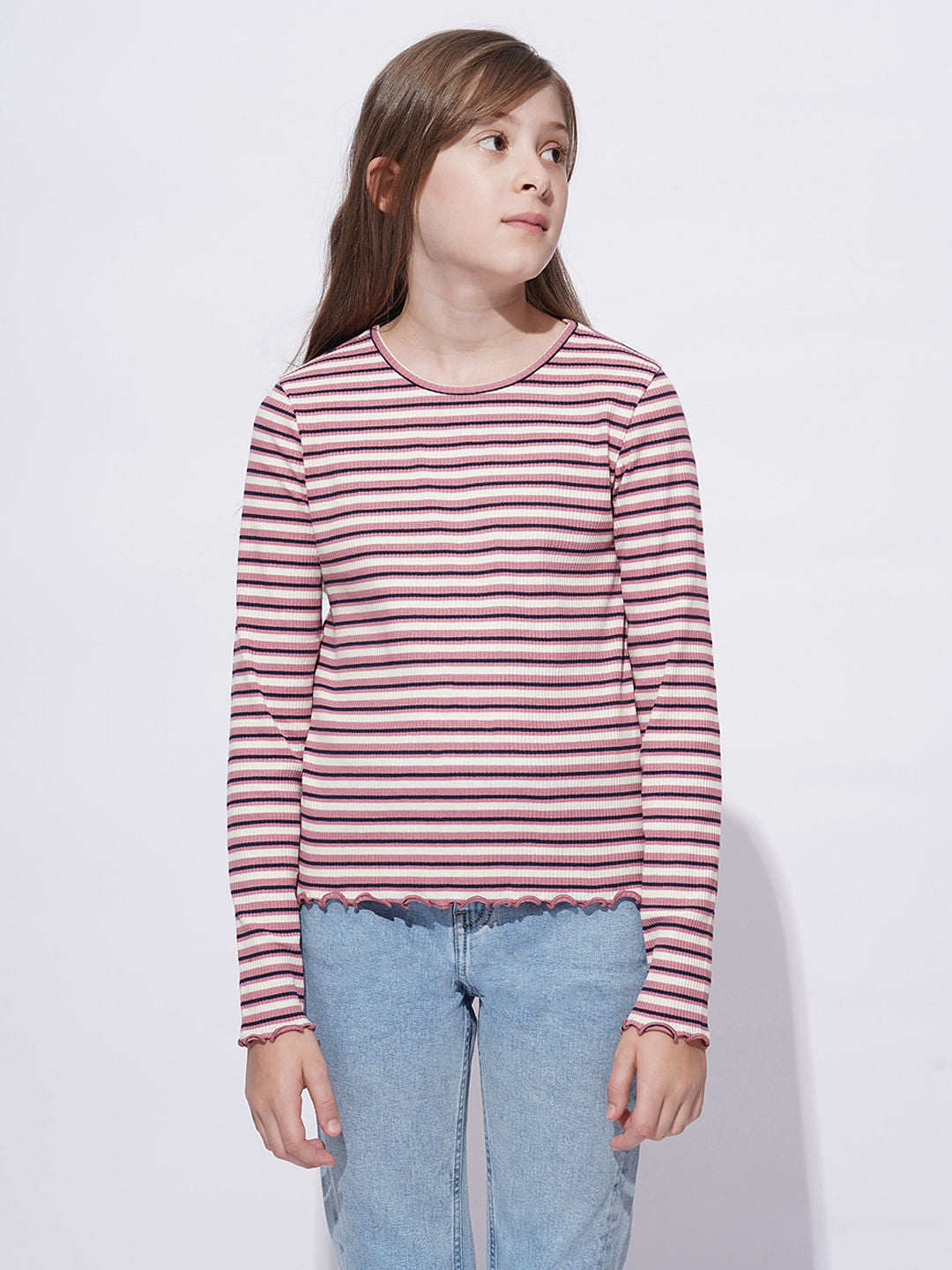 Girls Pink Striped Lettuce Hem Top
