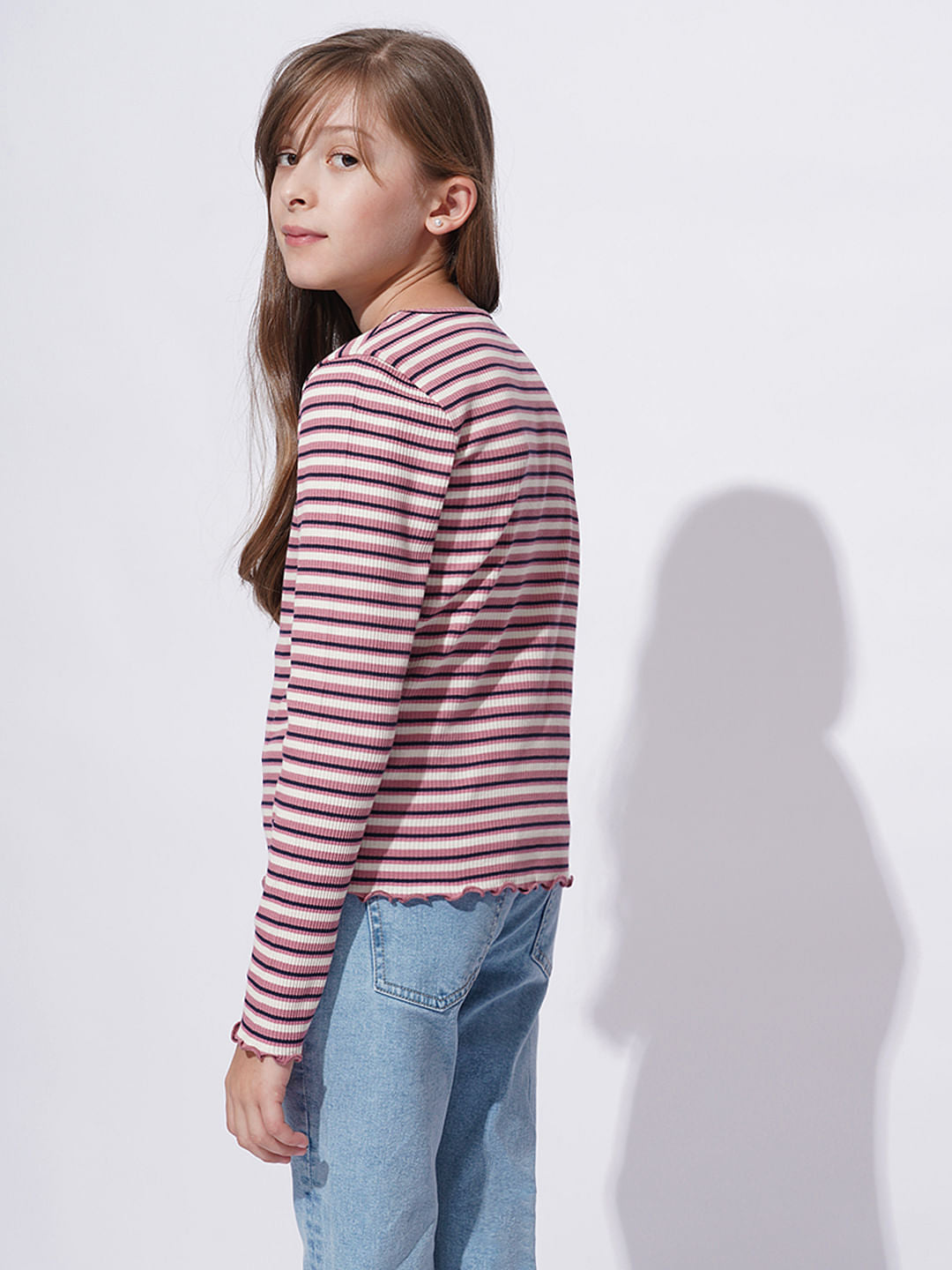 Girls Pink Striped Lettuce Hem Top