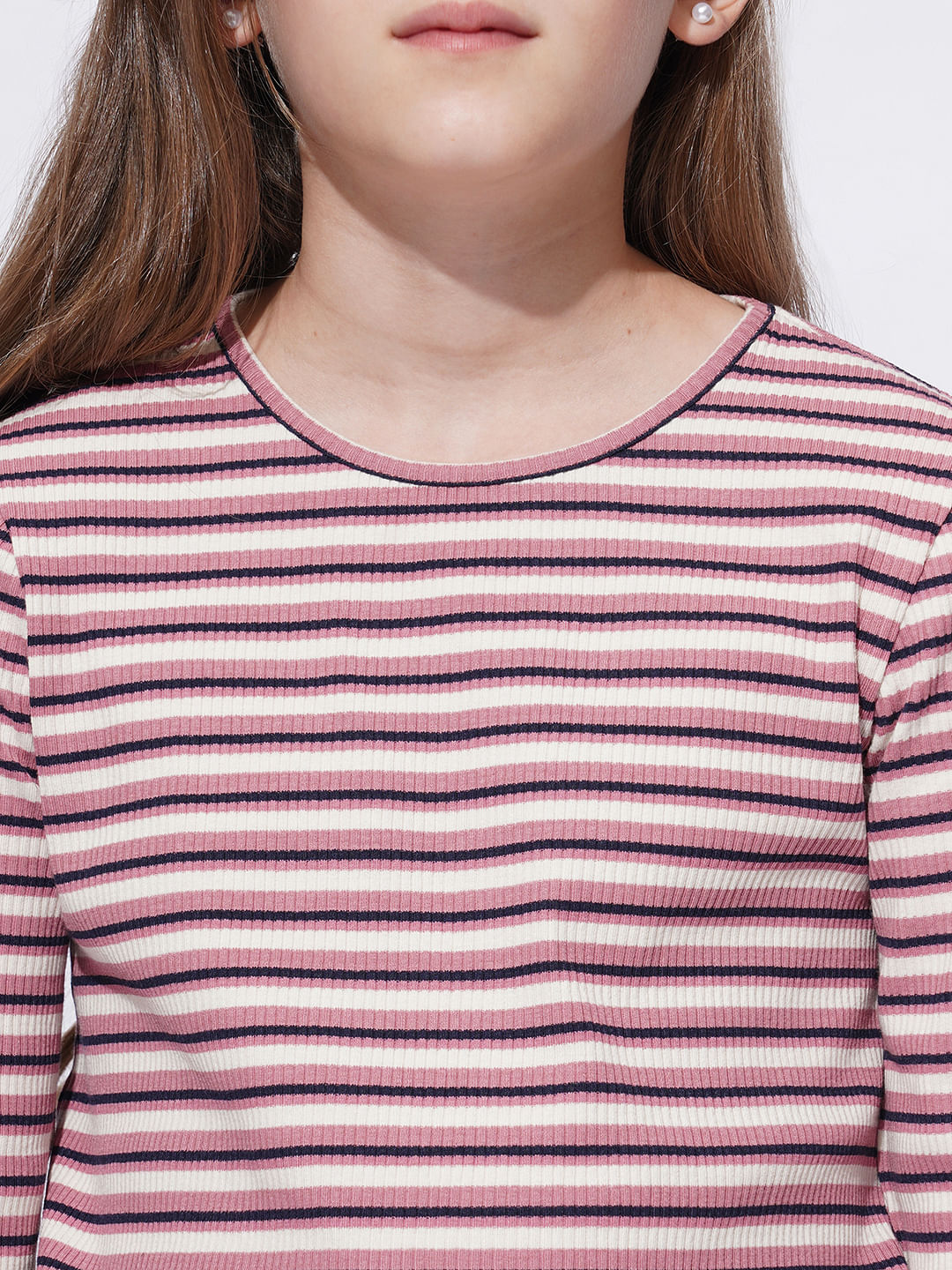 Girls Pink Striped Lettuce Hem Top
