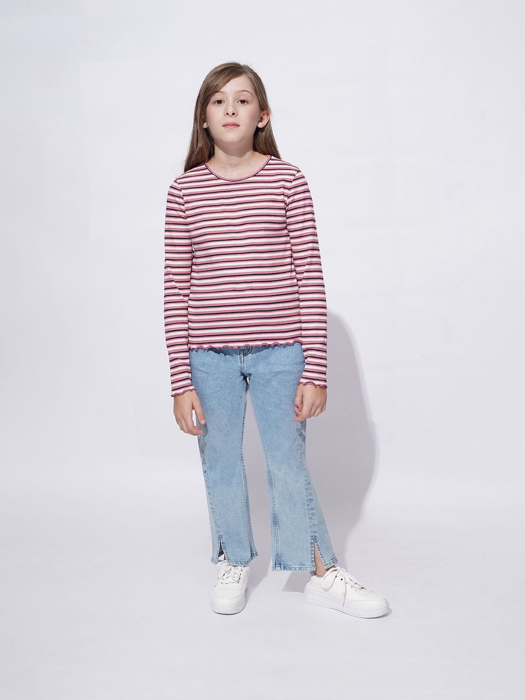 Girls Pink Striped Lettuce Hem Top