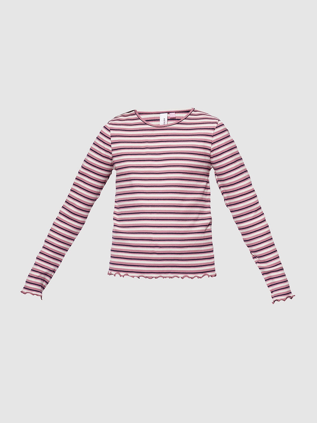 Girls Pink Striped Lettuce Hem Top